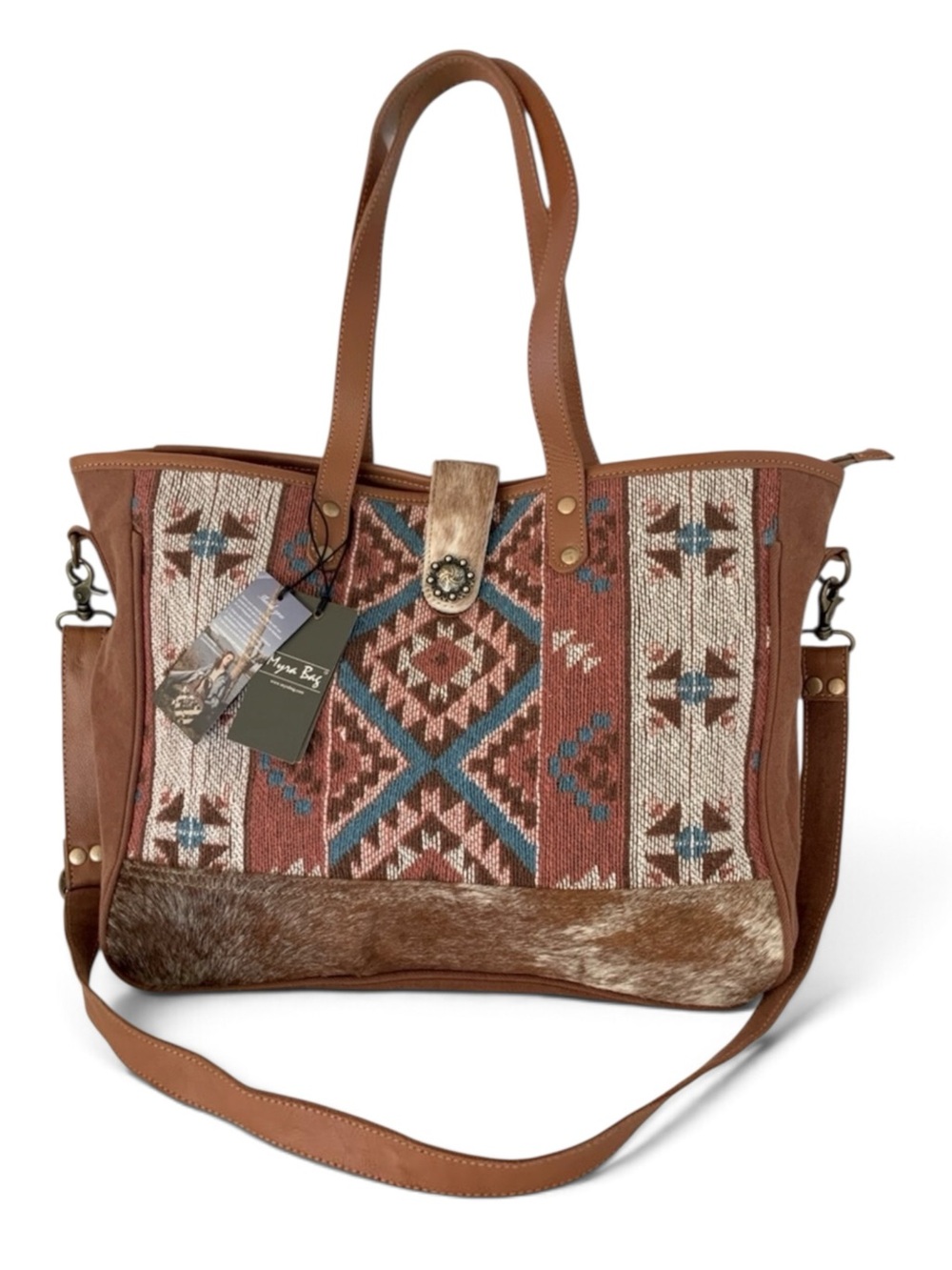 New Myra Bag Tori Travel Zip Top Tote Western Native Rug Weave Hair Hide Details